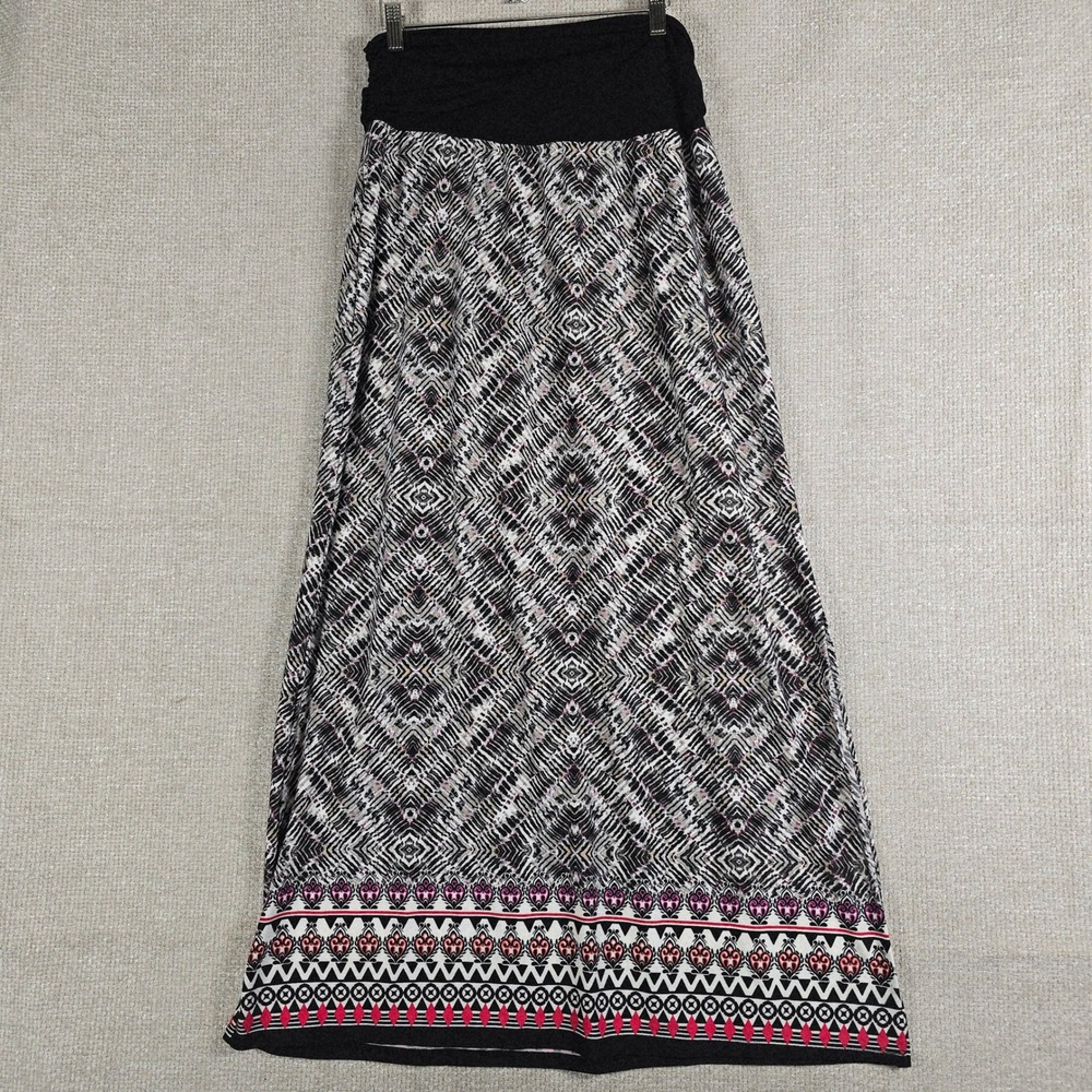 AB Studio Womens XL Black Pink Geometric Ikat Print Fold Over Waist Maxi Skirt‎